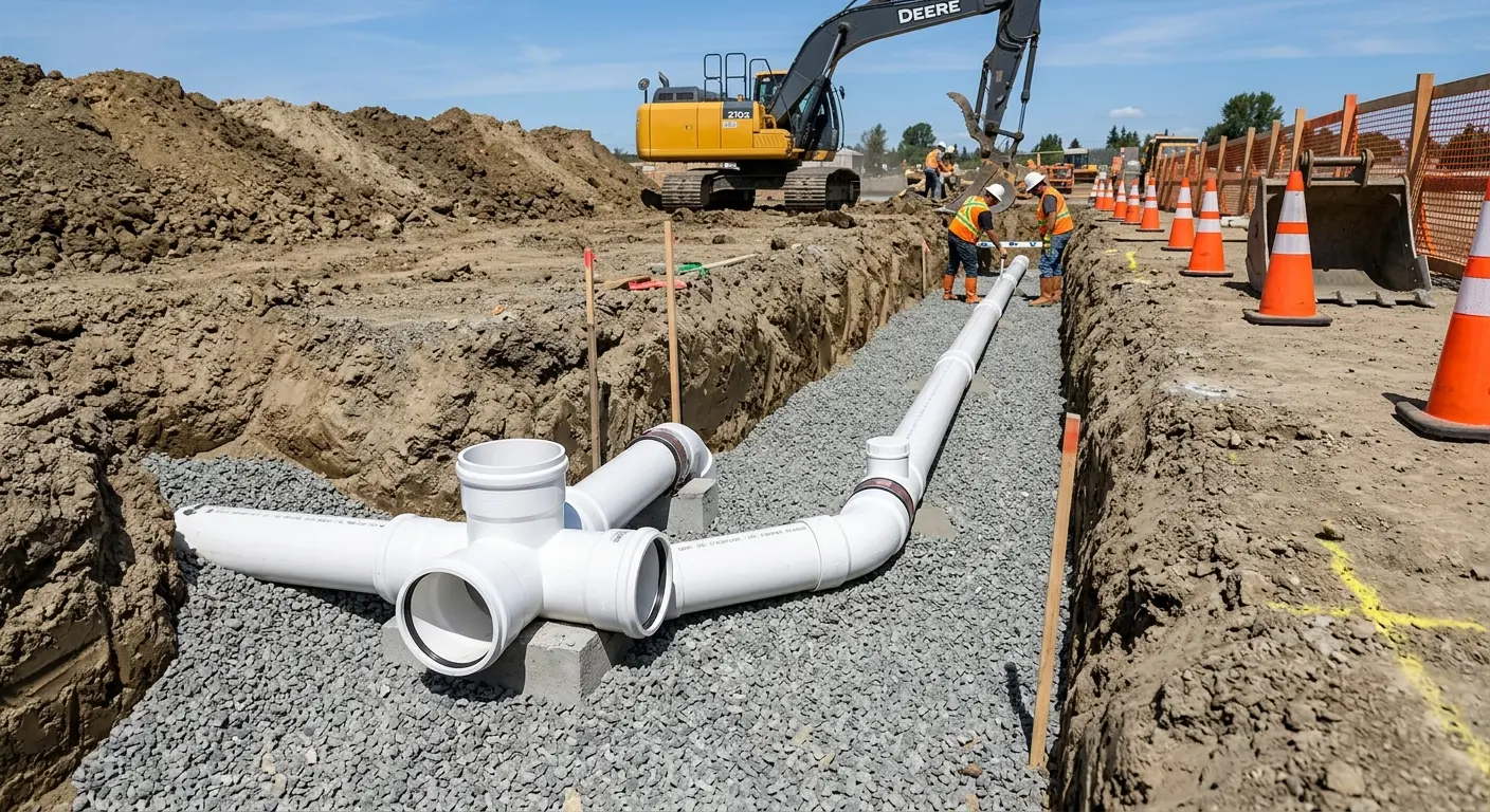 New PVC sewer pipe installation in open trench for Sewer Backup in Honeygo
