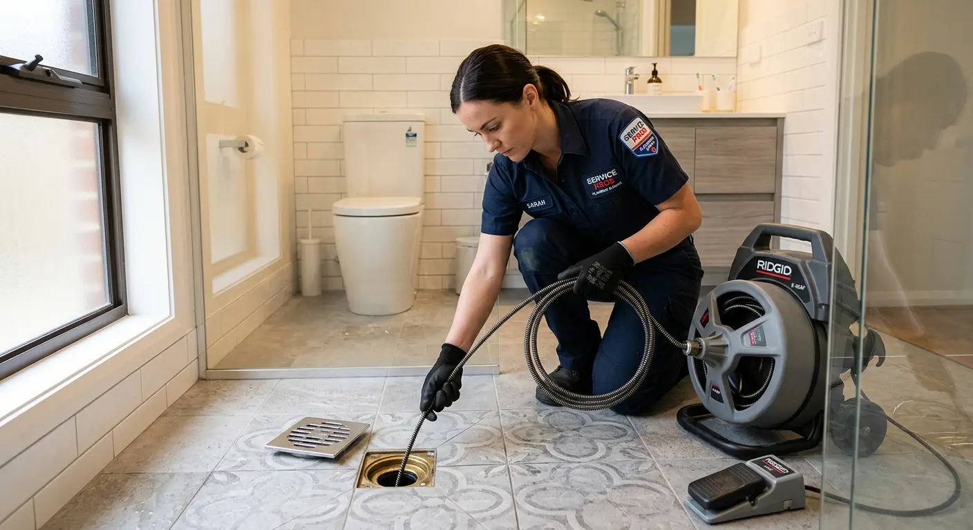Technician clearing a bathroom floor drain for Drain Cleaning in Honeygo